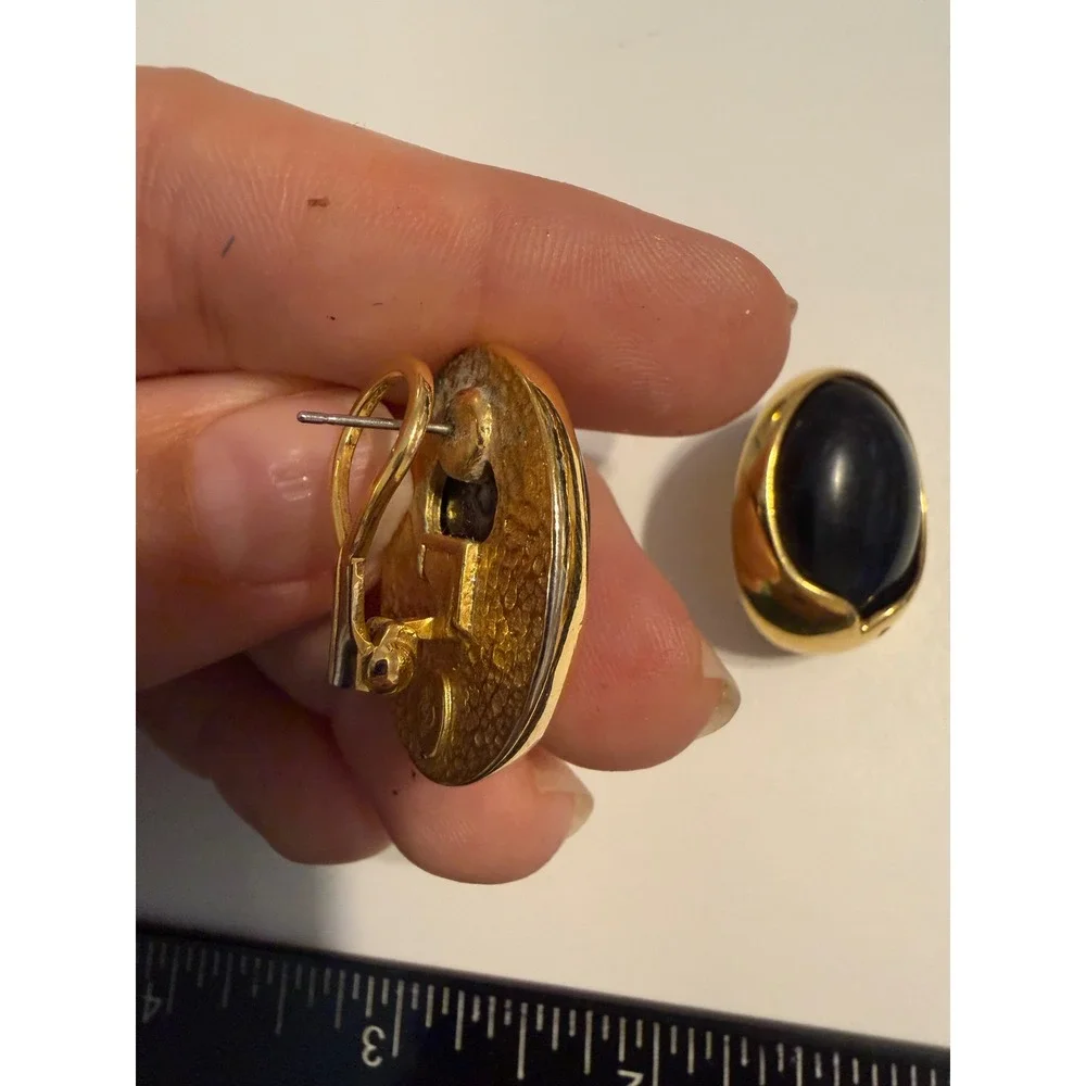 Vintage Gold Tone Black Cabochon Oval Omega Back Post Earrings Statement Jewelry